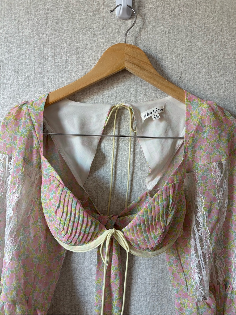 For Love & Lemons Pink and Green Floral Lace Bustier Blouse